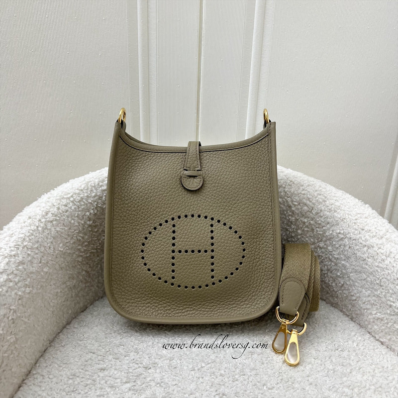 Hermes Mini Evelyne 16 in Beige Marfa Clemence Leather, Canvas Strap and GHW