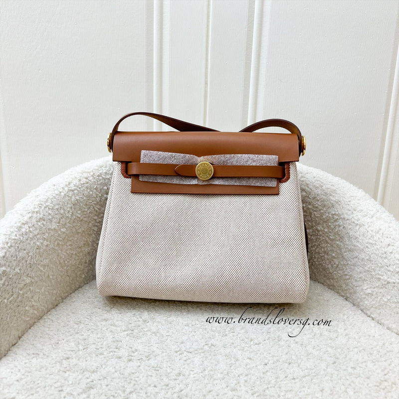 Hermes Mini Herbag Retourne in Ecru-Beige Canvas, Fauve Leather and GHW