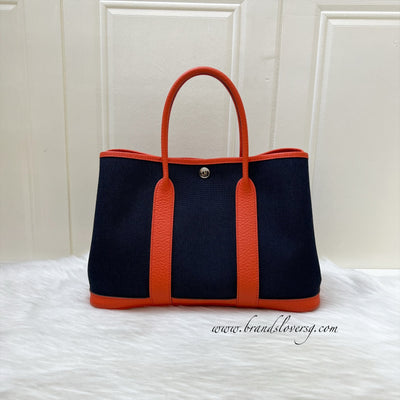 Hermes Garden Party 30 in Bleu Marine Canvas, Poppy Leather and PHW