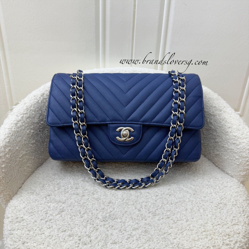 Chanel Medium Classic Flap CF in Chevron Quilted Blue Caviar and SHW