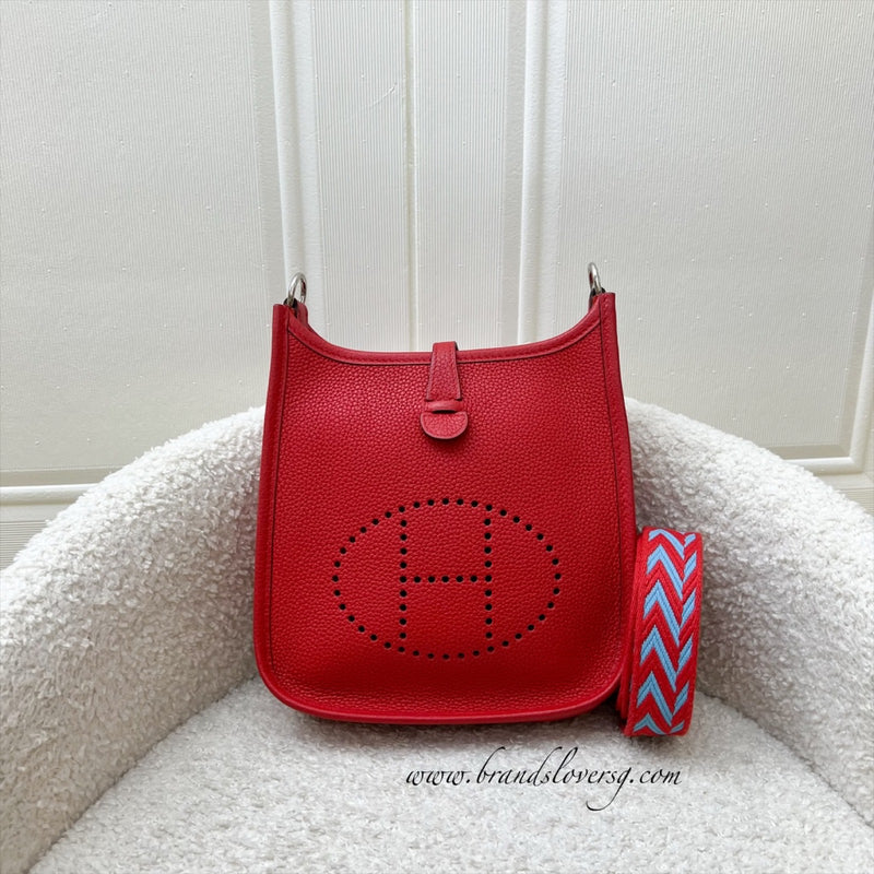 Hermes Mini Evelyne TPM in Red Clemence Leather with Red and Blue Strap and PHW