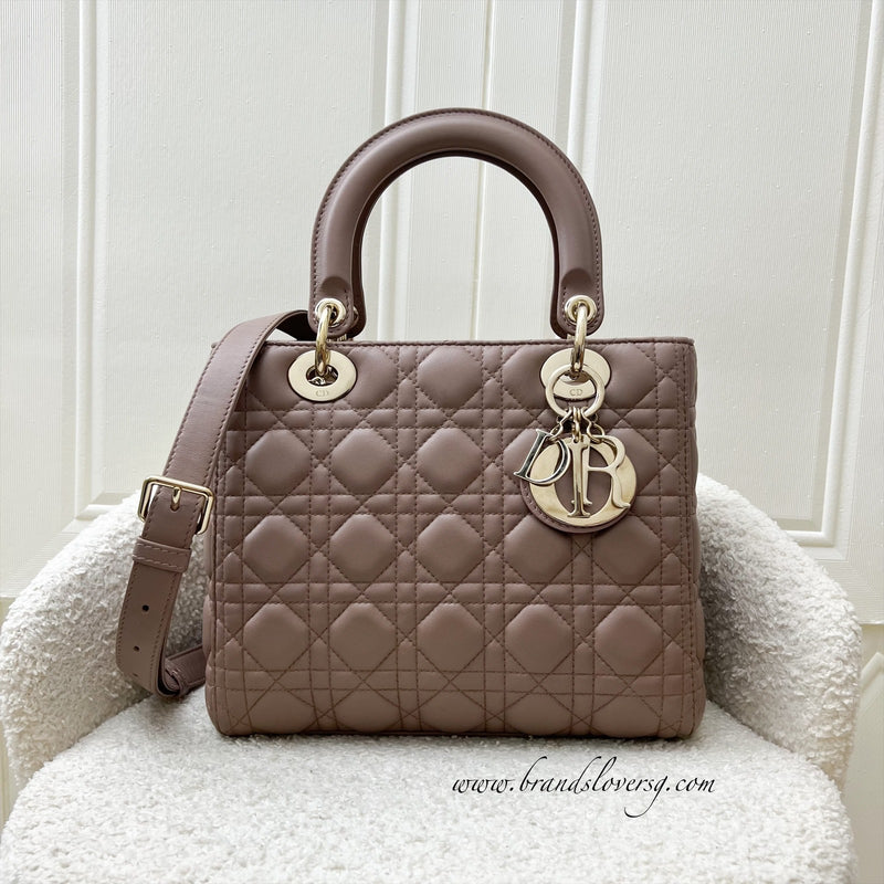 Dior Medium Lady Dior in Blush Pink Lambskin and LGHW (New Version with Adjustable Strap)