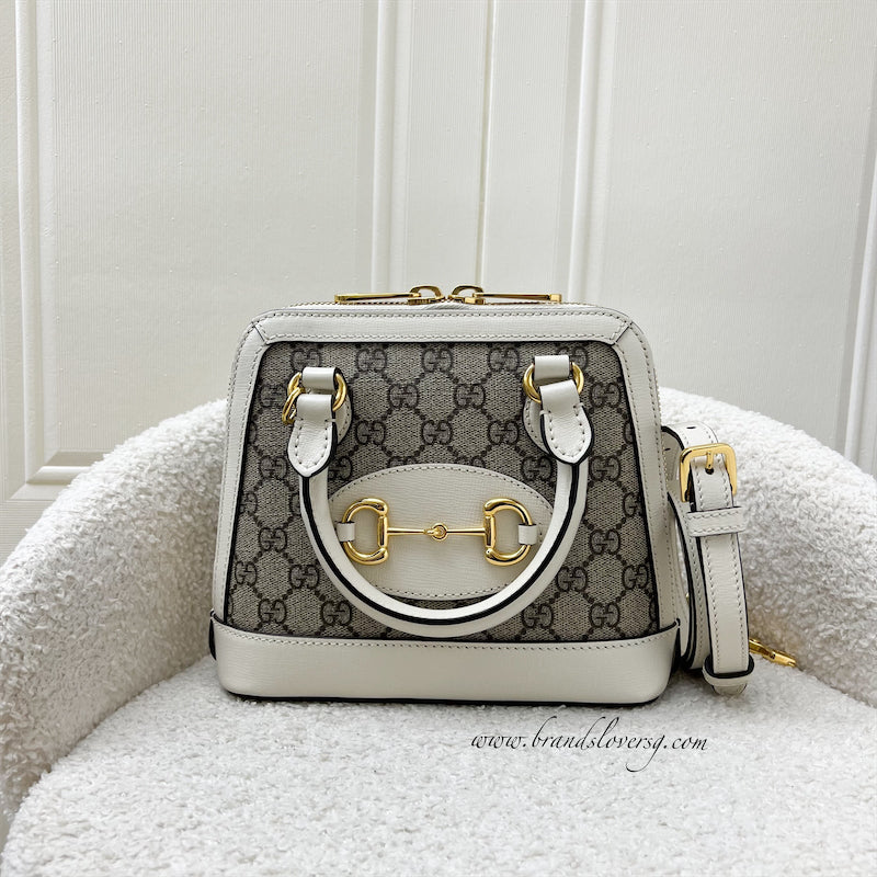 Gucci Horsebit 1955 Mini Top Handle Bowling Bag In GG Supreme Canvas, White Trim and GHW