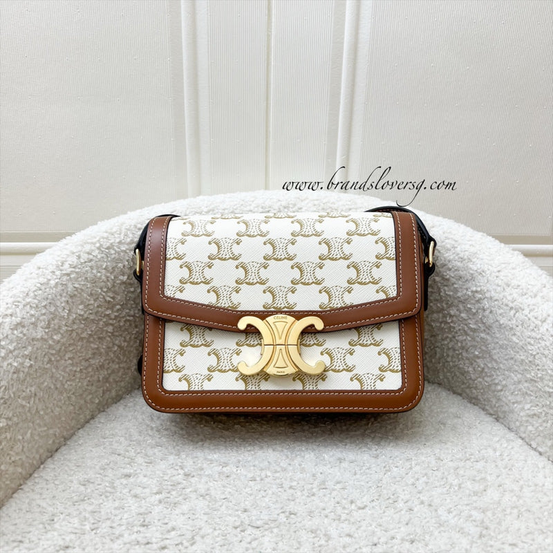 Celine Teen Triomphe Flap Bag in White Triomphe Canvas, Tan Calfskin and GHW