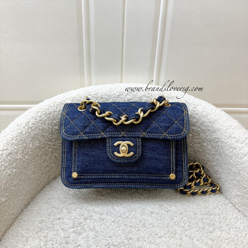 Chanel 23S Chain Handle Mini Flap in Dark Blue Denim and AGHW (Model: AS4051)