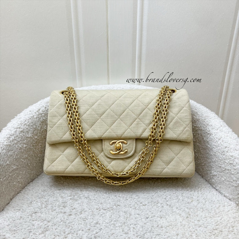 Chanel Vintage Small / Medium Flap with Bijoux Chain in Oatmeal Beige Jersey and 24K GHW