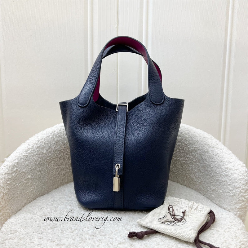 Hermes Picotin 18 in Blue Nuit Clemence Leather, Rose Pourpre Swift Handles and PHW