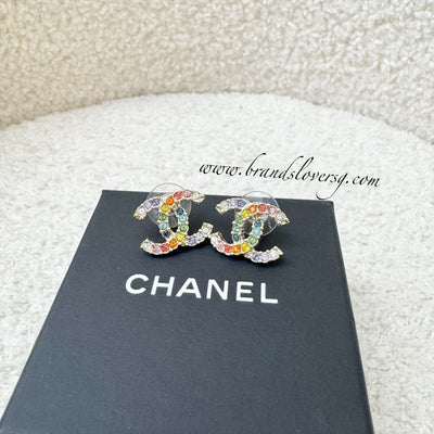 Chanel CC Logo Earrings with Rainbow Multicolor Crystals and LGHW