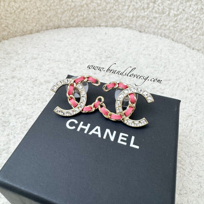 Chanel Medium CC Logo Earrings with Pink Leather and Crystals in LGHW