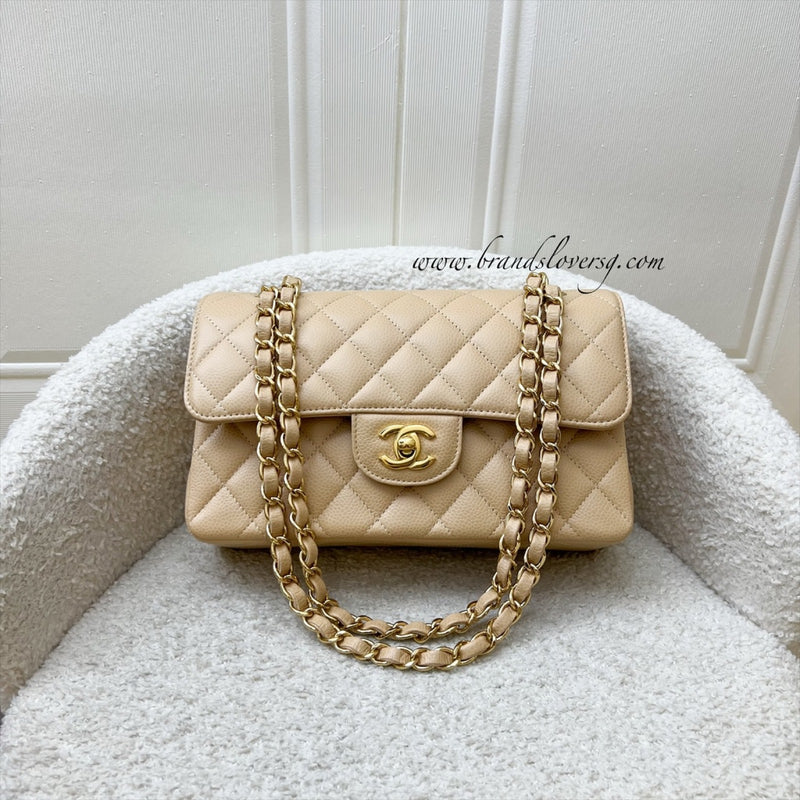 Chanel Small Classic Flap CF in Beige Caviar and GHW (Model: A01113)