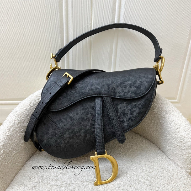 Dior Medium Saddle Bag with Strap in Black Grained Calfskin and AGHW (Model: M0455CBAA, Colour: M900)