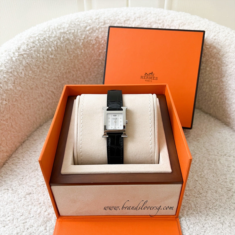 Hermes Heure H PM Watch with Diamond Markers and Black Alligator Strap