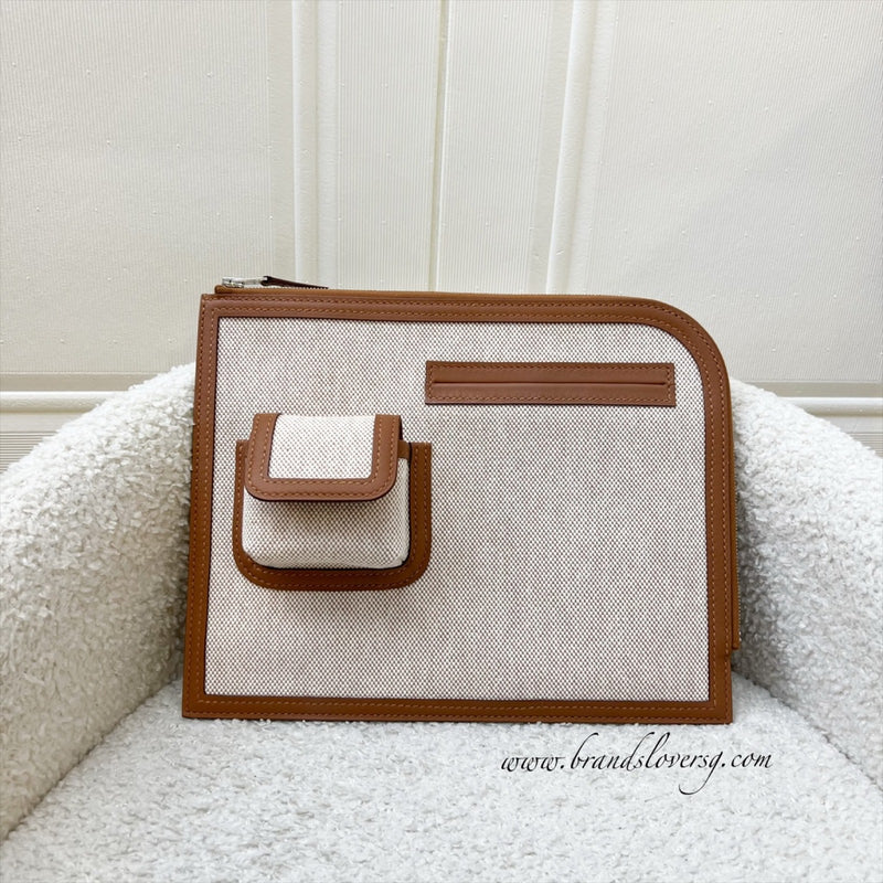 Hermes Cargo Voyage Pochette in Ecru Beige Toile H Canvas, Gold Swift Leather and PHW