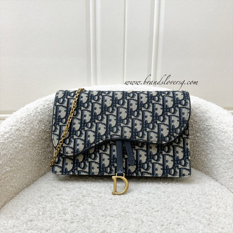 Dior Medium Saddle Pouch with Chain WOC in Blue Dior Oblique Jacquard Canvas and GHW (22cm)