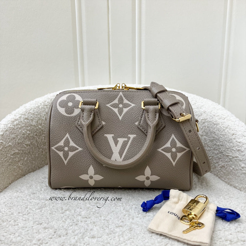 LV Speedy Bandouliere 20 in Tourterelle / Creme Giant Monogram Empreinte Leather and GHW