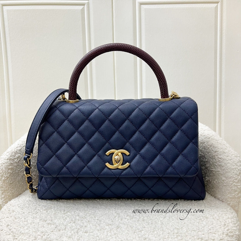 Chanel Medium 29cm Coco Handle in Navy Blue Caviar, Burgundy Lizard Handle and AGHW