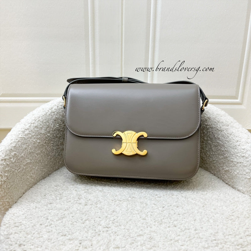 Celine Classique Triomphe Flap Bag in Pebble Grey Shiny Calfskin and GHW