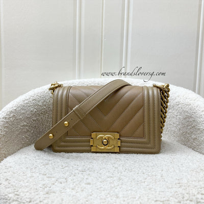 Chanel Small 20cm Boy Flap in Chevron Quilted Beige Caviar and AGHW