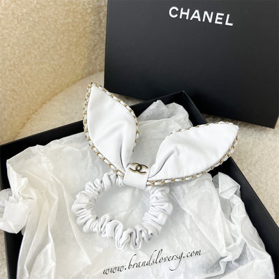 Chanel Hair Scrunchie Tie in White Lambskin and LGHW