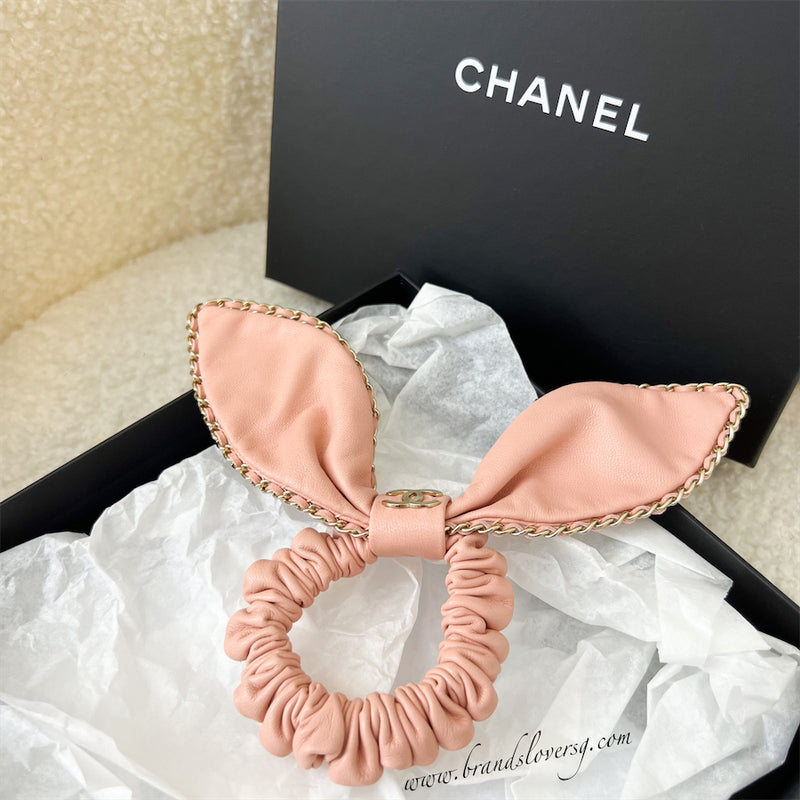 Chanel Hair Scrunchie Tie in Peach Pink Lambskin in LGHW