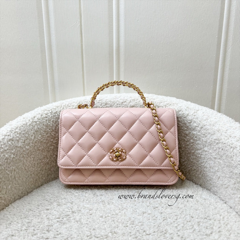 Chanel 24C Top Handle Wallet on Chain WOC in Rose Clair Pink Lambskin and AGHW (Model: AP3664)