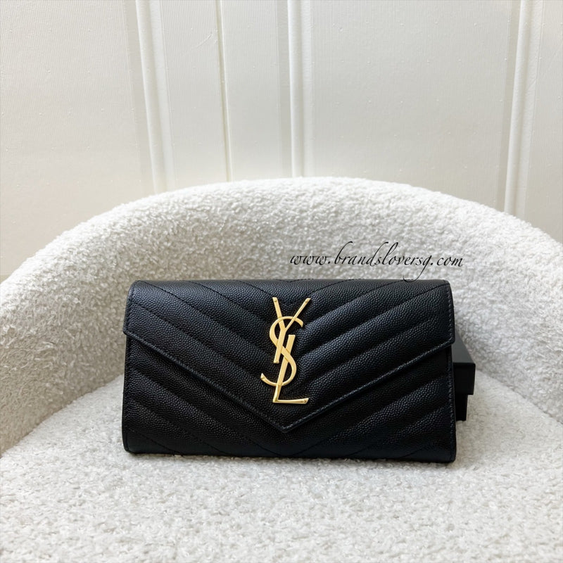 Saint Laurent Envelope Long Wallet in Black Grained Leather and GHW