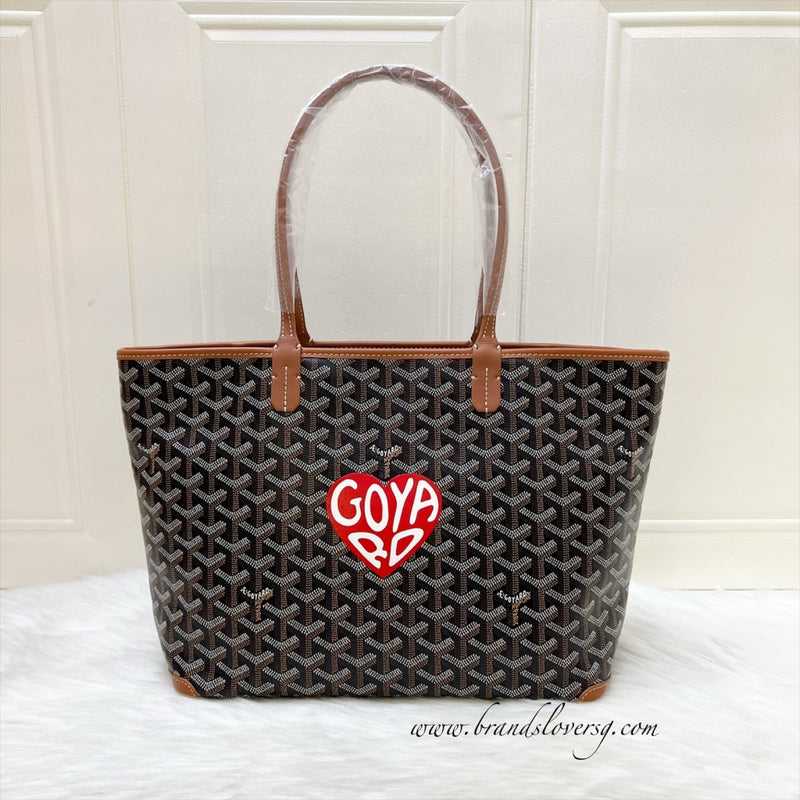 Goyard Artois PM Tote with a Red Hand Painted Heart Stamp in Black and Tan Signature Goyardine Canvas
