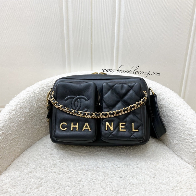 Chanel 22C Seasonal Camera Bag in Black Calfskin and AGHW (Model: AS2923)