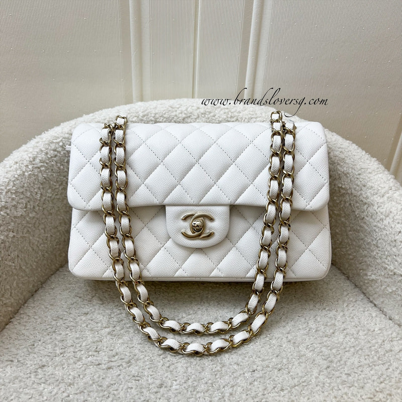 Chanel Small Classic Flap CF in White Caviar and LGHW (Model: A01113)