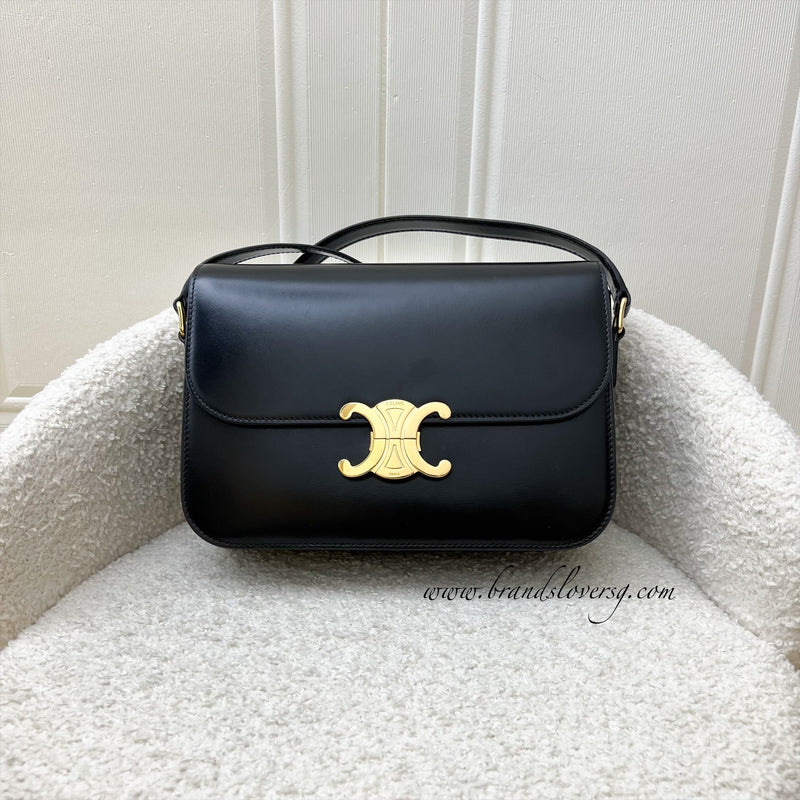 Celine Classique Triomphe Flap Bag in Noir Black Shiny Calfskin and GHW (Model: 187363BF4)