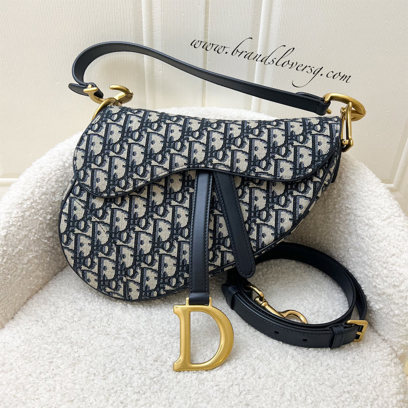 Dior Medium Saddle Bag with Long Crossbody Strap in Dark Blue Oblique Canvas and AGHW