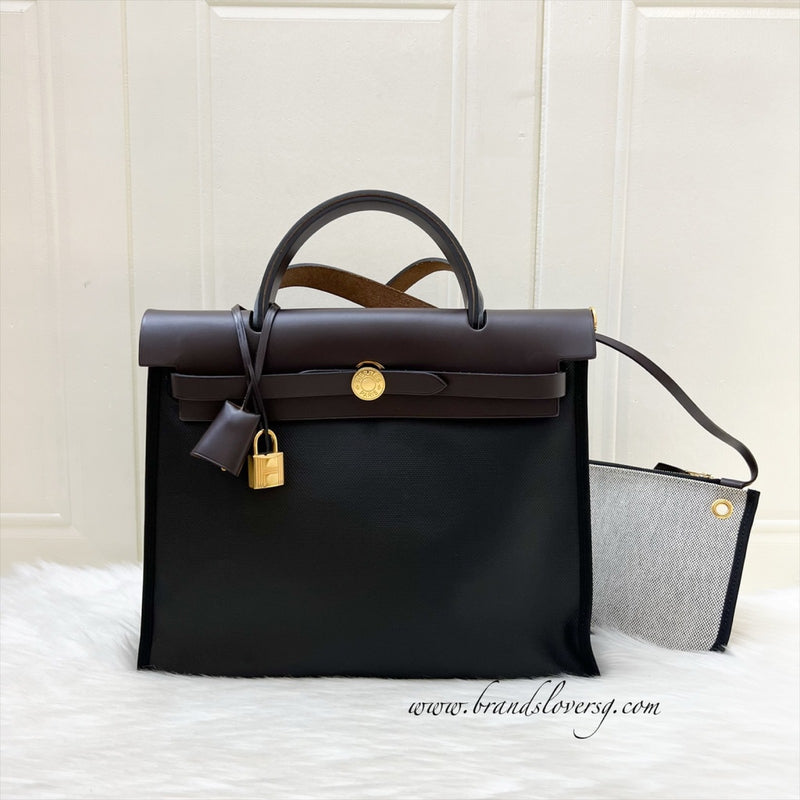 Hermes Herbag Zip 31 in Black Coated Canvas, Dark Brown Leather and GHW