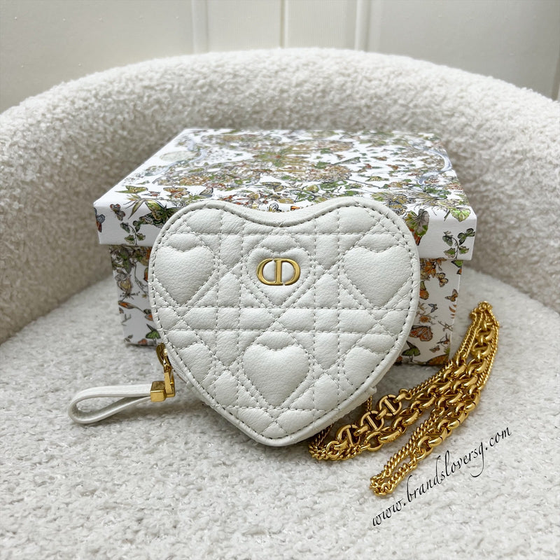 Dior Caro Heart Pouch with Chain in White Calfskin and GHW