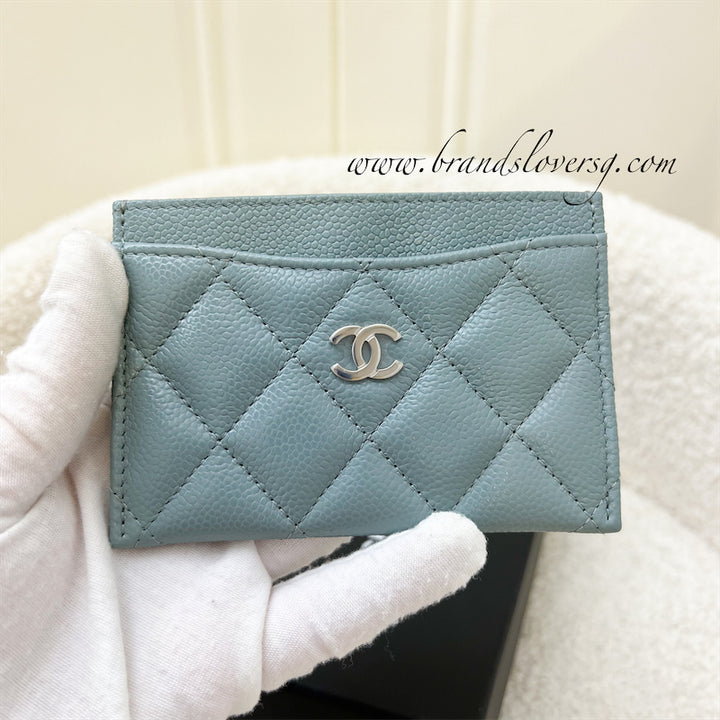 Chanel Classic Flat Card Holder in Seafoam Green Grey Caviar and SHW