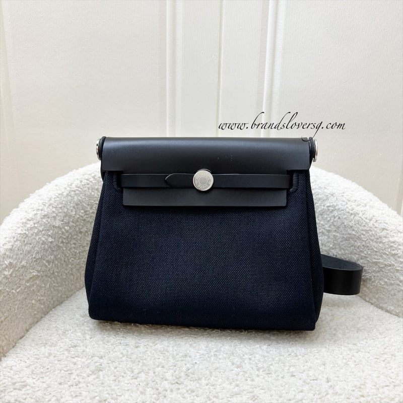 Hermes Mini Herbag Retourne in Noir Black Toile Militaire Canvas, Black Vache Hunter Leather and PHW (Includes free twilly)