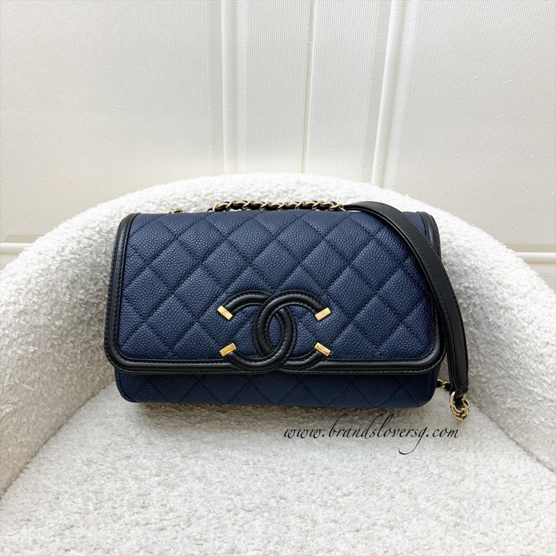 Chanel Filigree Small Flap in Navy Caviar with Black Trim and AGHW (Model: A93340)