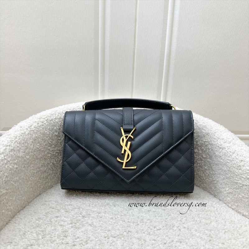Saint Laurent YSL Small Envelope Flap in Quilted Grain De Poudre Embossed Dark Grey Leather and GHW