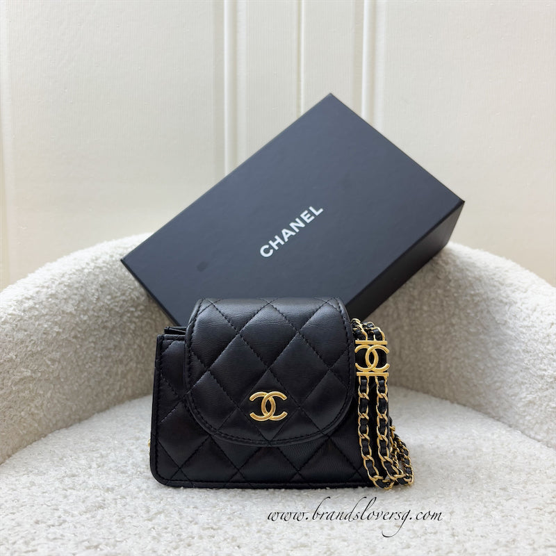 Chanel 22K Double Chain Micro Flap Bag in Black Lambskin and GHW