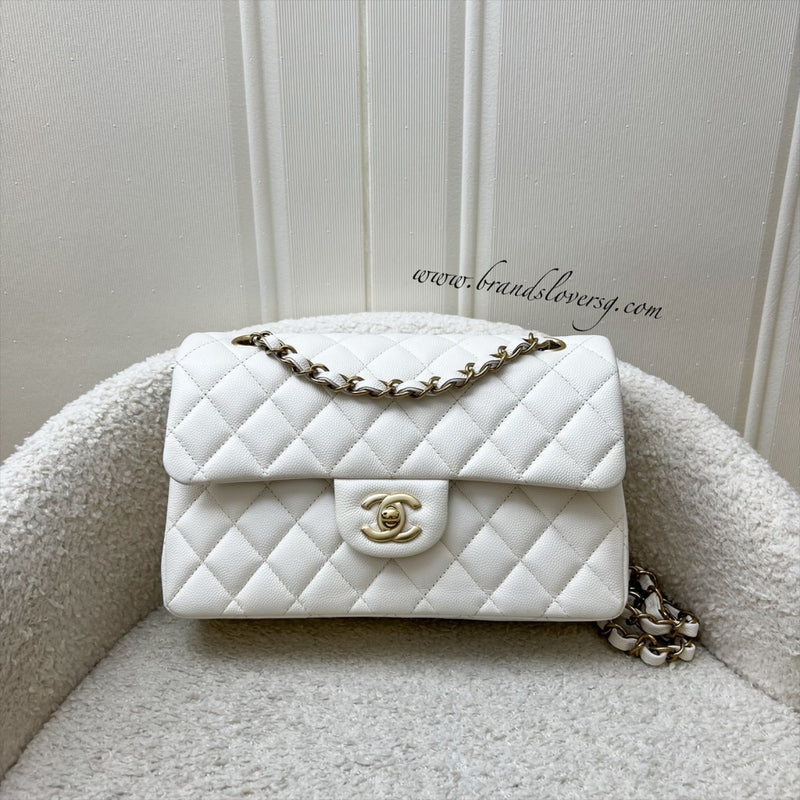 Chanel Small Classic Flap CF in White Caviar and LGHW