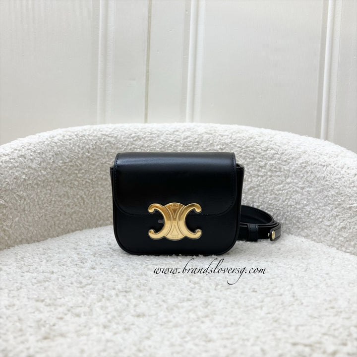 Celine Triomphe Mini Claude Flap Bag in Black Shiny Calfskin and
