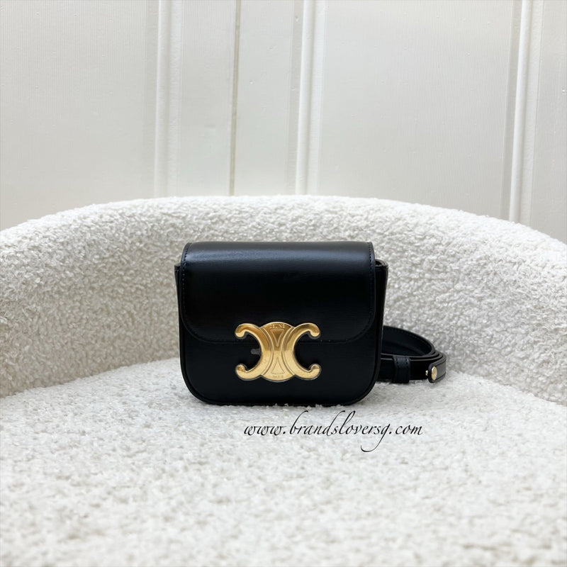 Celine Triomphe Mini Claude Flap Bag in Black Shiny Calfskin and GHW