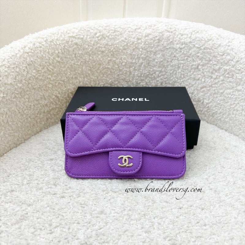Chanel Snap Card Holder with Zipped Coin Compartment in 24A Purple Caviar and LGHW