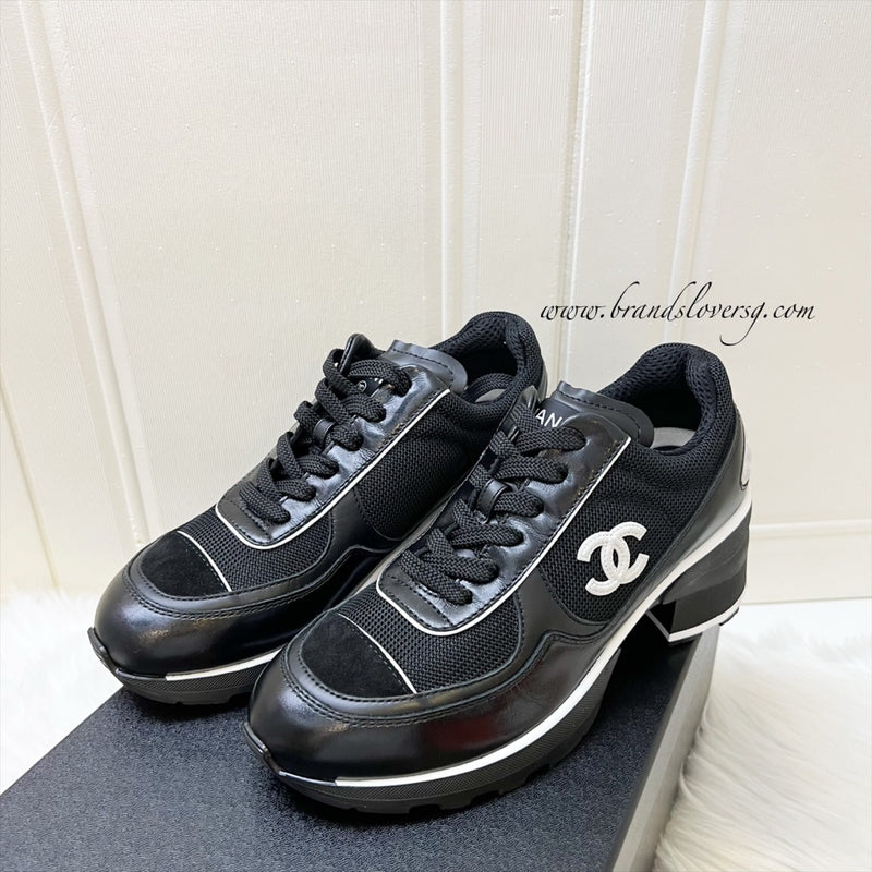Chanel 25K Sneakers in Black Mixed Fibers and Shiny Calfskin with White Logo and Trimmings Sz 38.5 (Model: G46871)