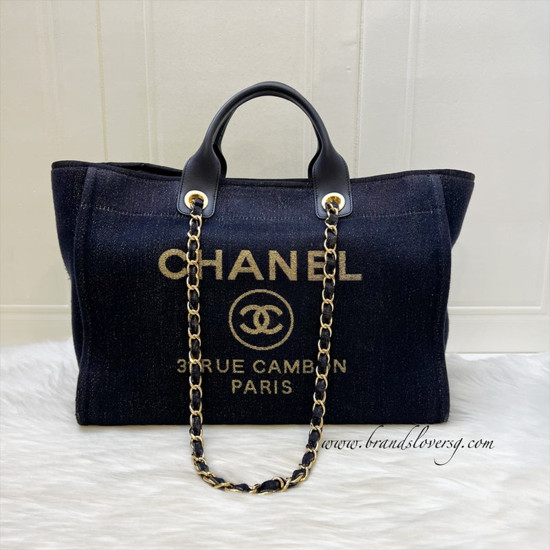 Chanel Large Deauville Tote in Navy Fabric, Glittery Threading and LGHW (Model: A66941)