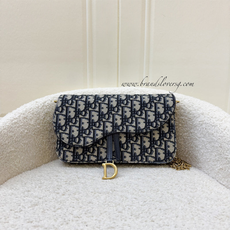 Dior Medium Saddle Pouch with Chain in Dark Blue Oblique Canvas and AGHW