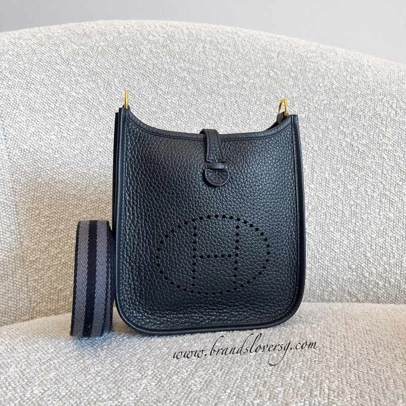 Hermes Mini Evelyne TPM in Noir Black Clemence Leather, Striped Shoulder Strap and GHW