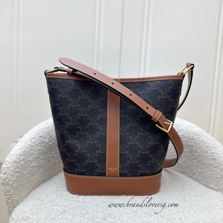Celine Small Triomphe Bucket Bag in Triomphe Canvas, Tan Calfskin