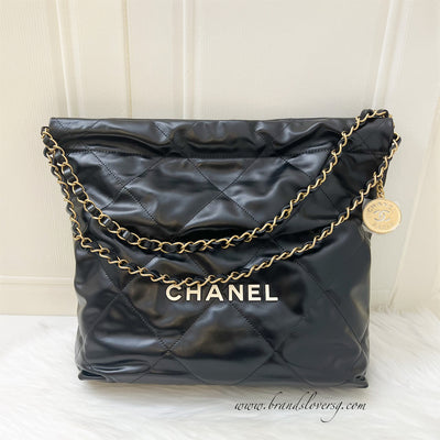 Chanel 22 Small Hobo Handbag in Black Shiny Calfskin and GHW with White Logo