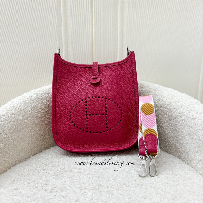 Hermes Mini Evelyne 16 in Framboise Pink Clemence Leather, Flipperball Canvas Strap and PHW