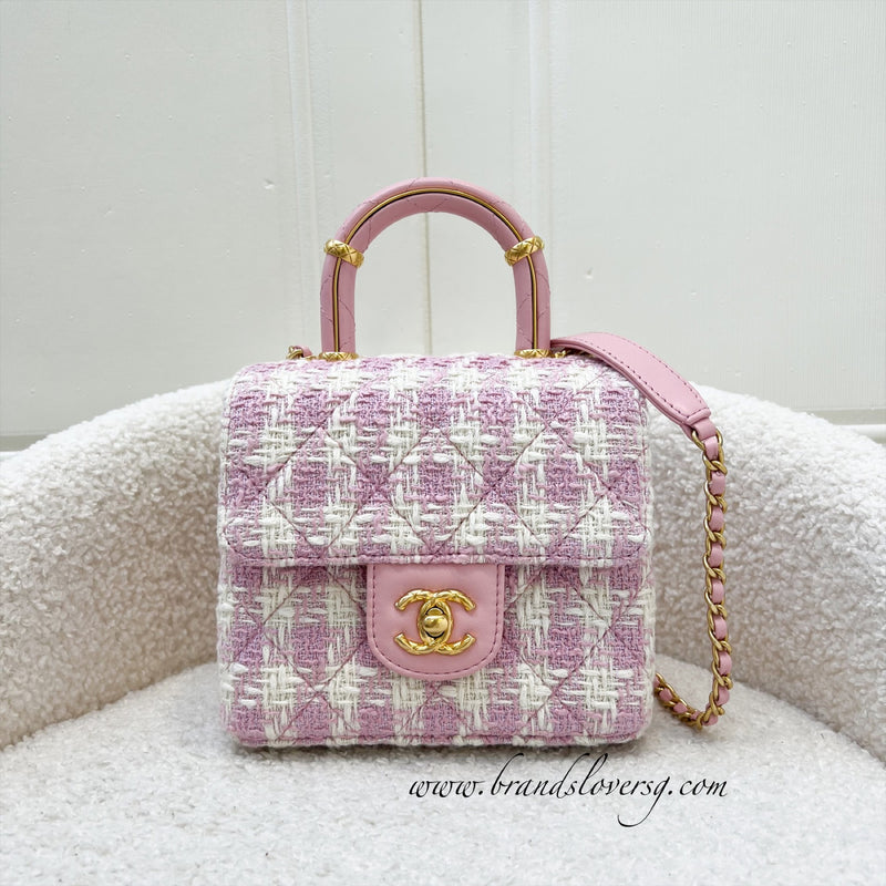 Chanel 23S Top Handle Flap Bag in Pink Tweed Houndstooth AGHW